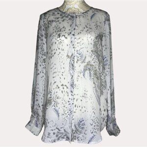 belissimo white blue gray Sheer blouse Long Sleeve Paisley Chiffon Small